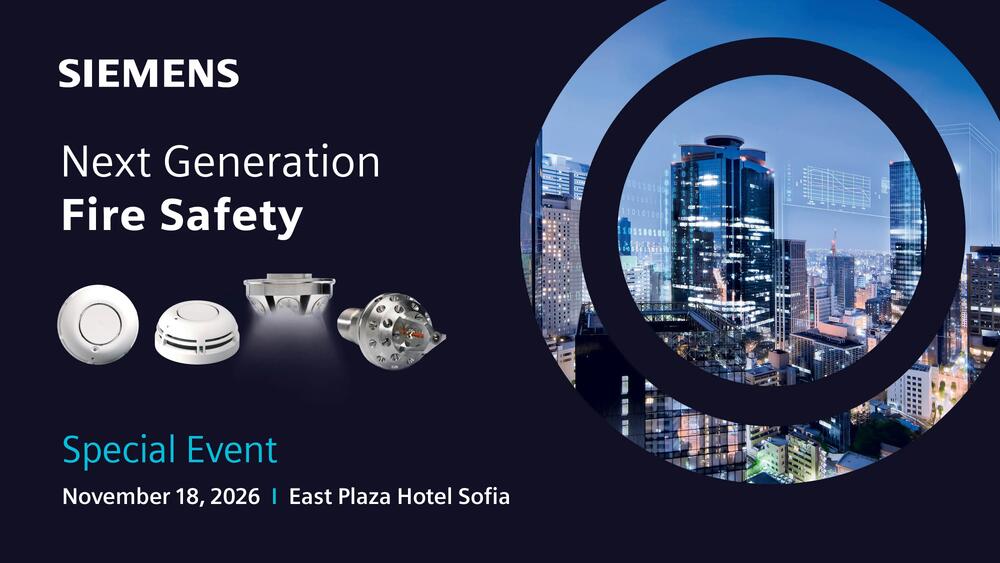 An invitation from Siemens for the event "Next-Generation Fire Safety," to be held on November 18, 2026, at the East Plaza Hotel, Sofia, in the 